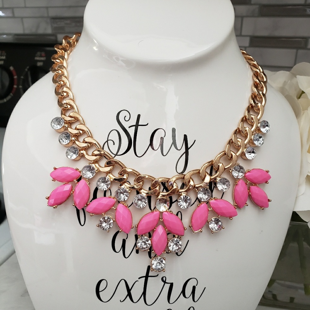 Pink Statement Necklace Flowers Rhinestones